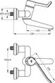 Ceraplus-Armatur von Ideal Standard mit Hebel und Absperrventil, abgebildet in Seiten- und Draufsicht, zeigt Maße und Anschlussdetails.